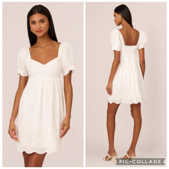 Adrianna Papell Dresses & Skirts - Adrianna Papell Eyelet Hem Puff Sleeve Fit And Flare Babydoll Dress Ivory 6